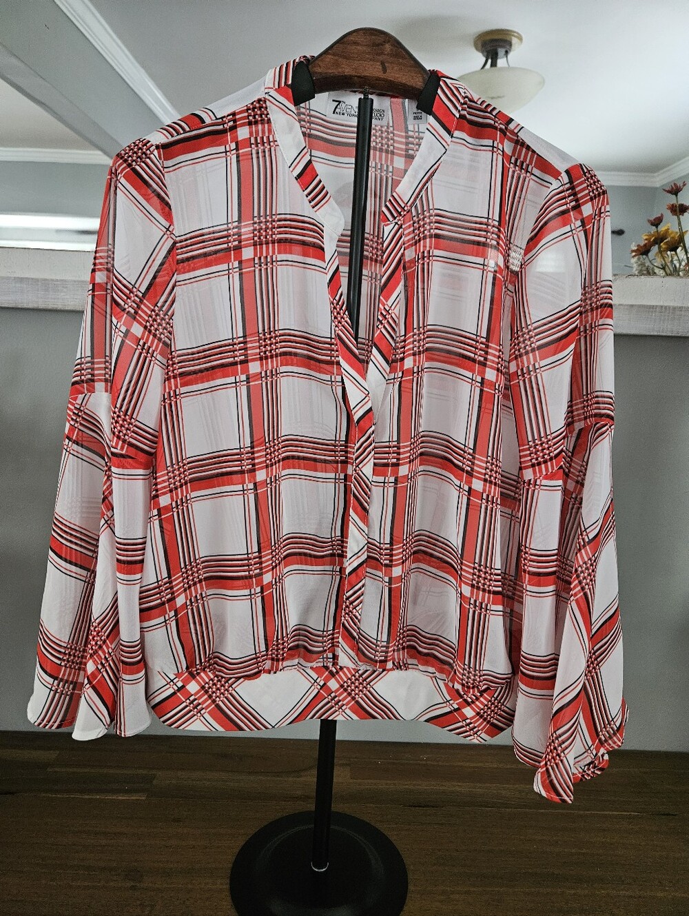 Womens red,white, black sheer blouse from New York and Company, Small.